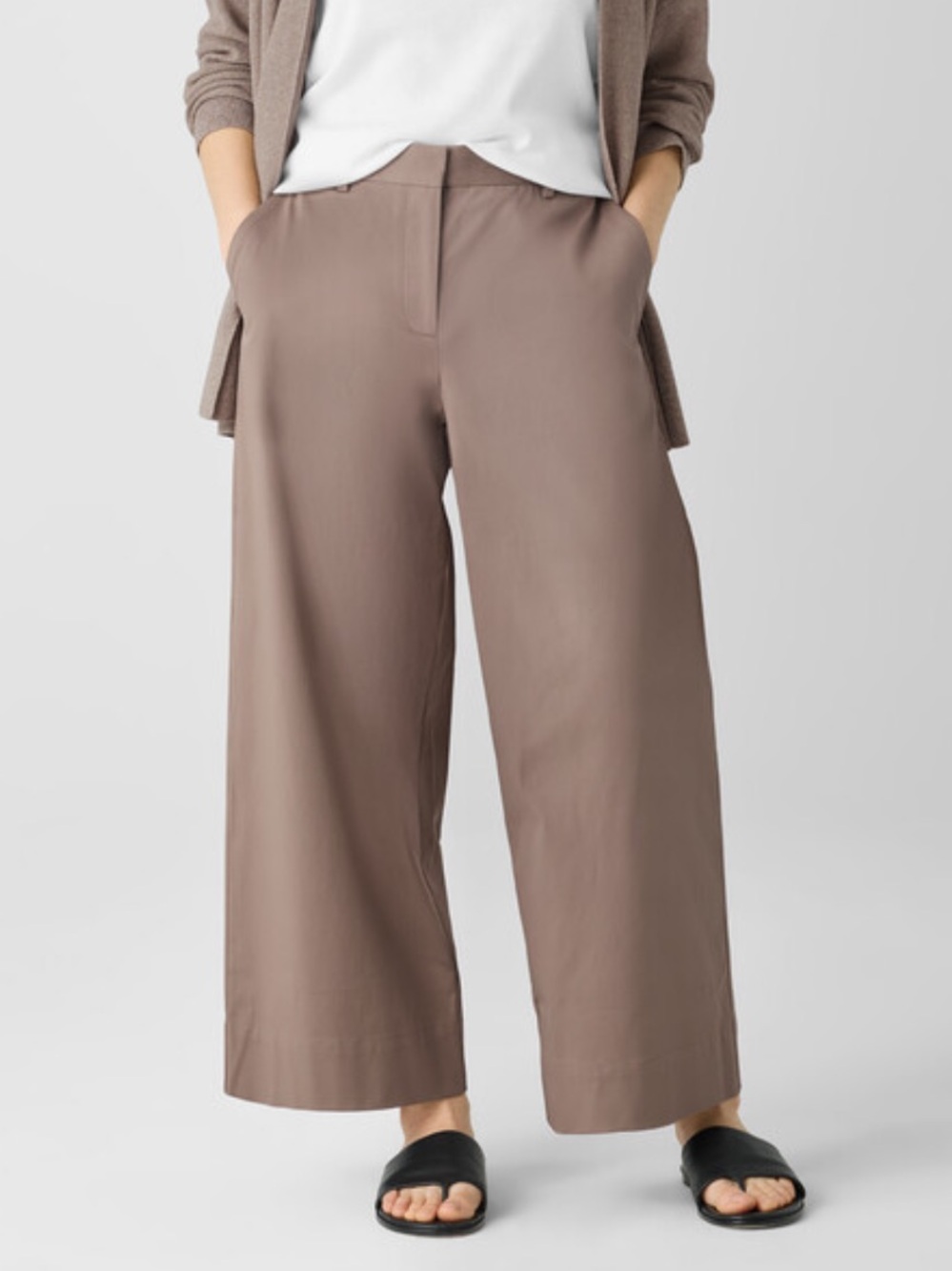 Eileen Fisher Stretch Cotton Twill Wide-Leg Trouser Pants Cocoa Tan Brown